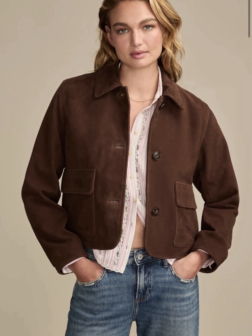 Lucky Brand Suede Leather Brown Button Front Jacket Cropped Size Large